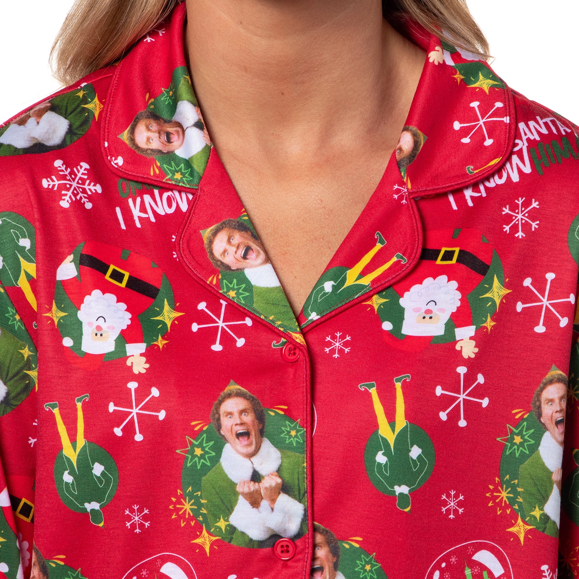 Elf The Movie Women's OMG! SANTA! I KNOW HIM! Christmas Button Up Pajama Set