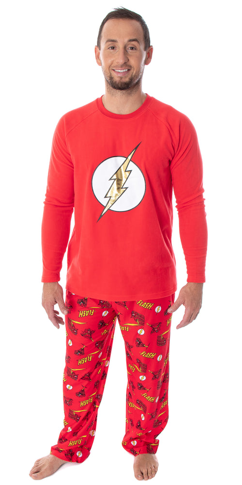 DC Comics Men's The Flash Superhero Fleece Long Sleeve Raglan Shirt And Pant 2 Piece Adult Pajama Set