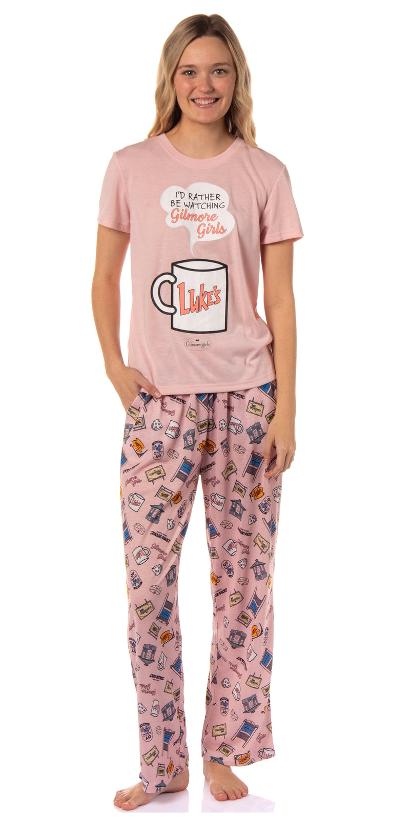 Gilmore Girls Women's I'd Rather Be Watching Luke's Diner Coffee Mug TV Show Tossed Icon Sleep Pajama Set (Large)