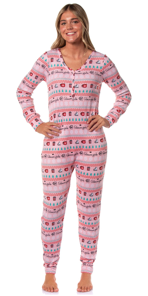 Gilmore Girls Holiday Women's Christmas Ugly Sweater Waffle Union Suit One Piece Long Sleeve Footless Sleep Pajamas