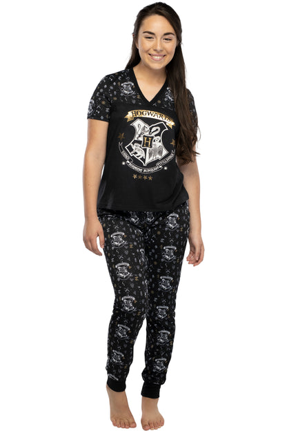 Harry Potter Women's Juniors Hogwarts Crest Foil Print Jogger Pajama Set