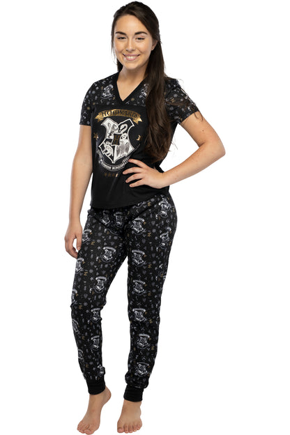 Harry Potter Women's Juniors Hogwarts Crest Foil Print Jogger Pajama Set