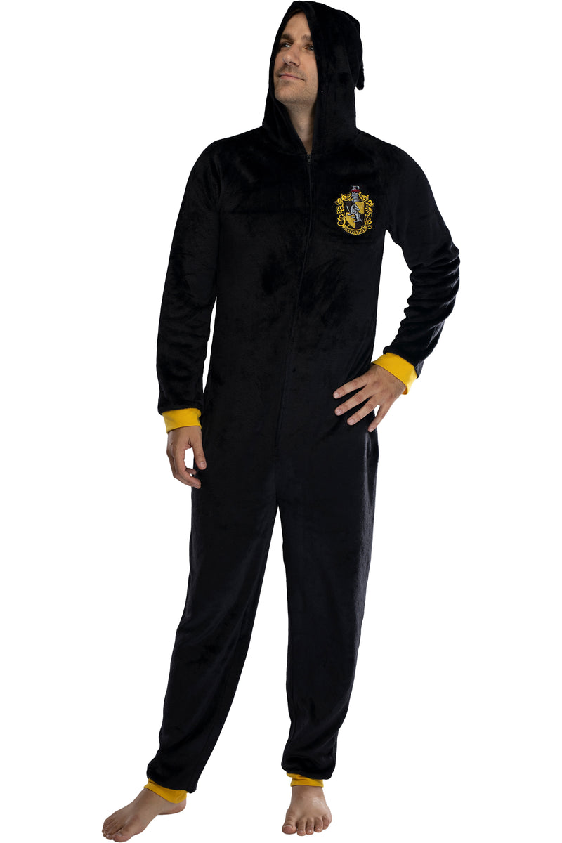 Harry Potter Men's Hooded One-Piece Pajama Union Suit - All 4 Houses Gryffindor, Slytherin, Ravenclaw, Hufflepuff