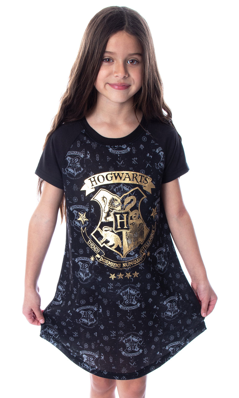 Harry Potter Girls' Hogwarts Castle Gold Foil Nightgown Pajama Sleep Shirt Top