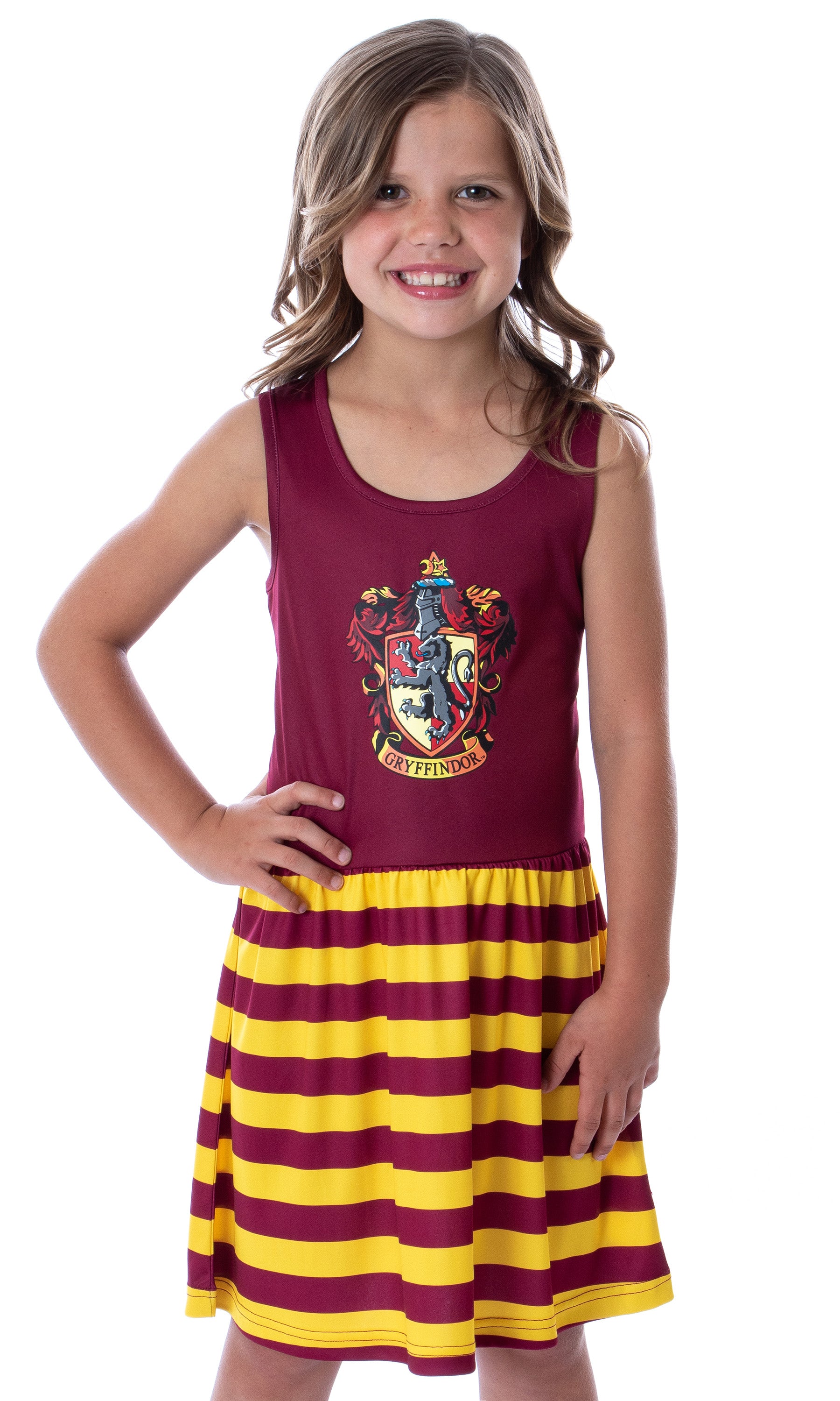 Harry Potter Girls All Houses Crest Logo Tank Stripe Nightgown, 6/6X Gryffindor