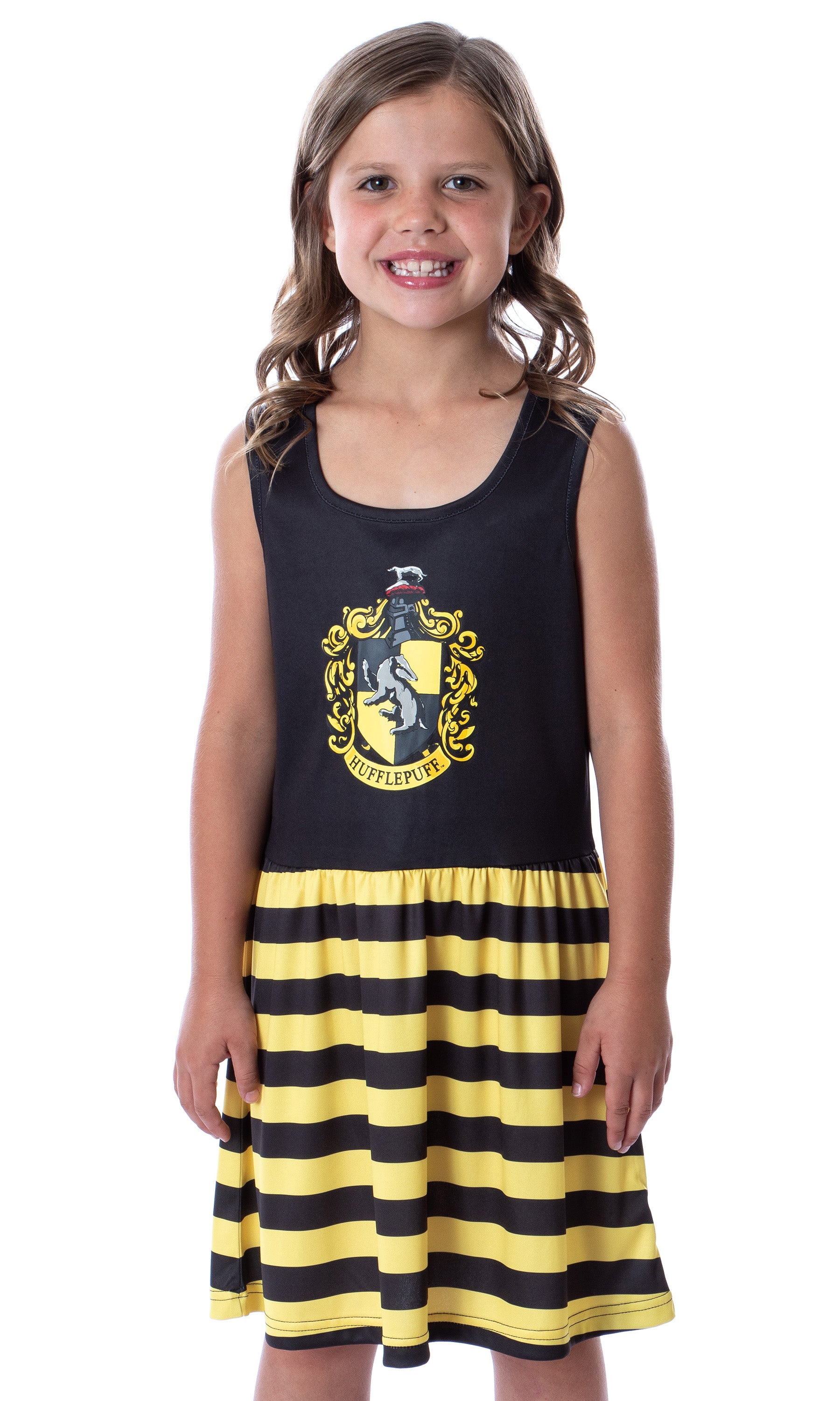 Harry Potter Girls All Houses Crest Logo Tank Stripe Nightgown, 6/6X Hufflepuff