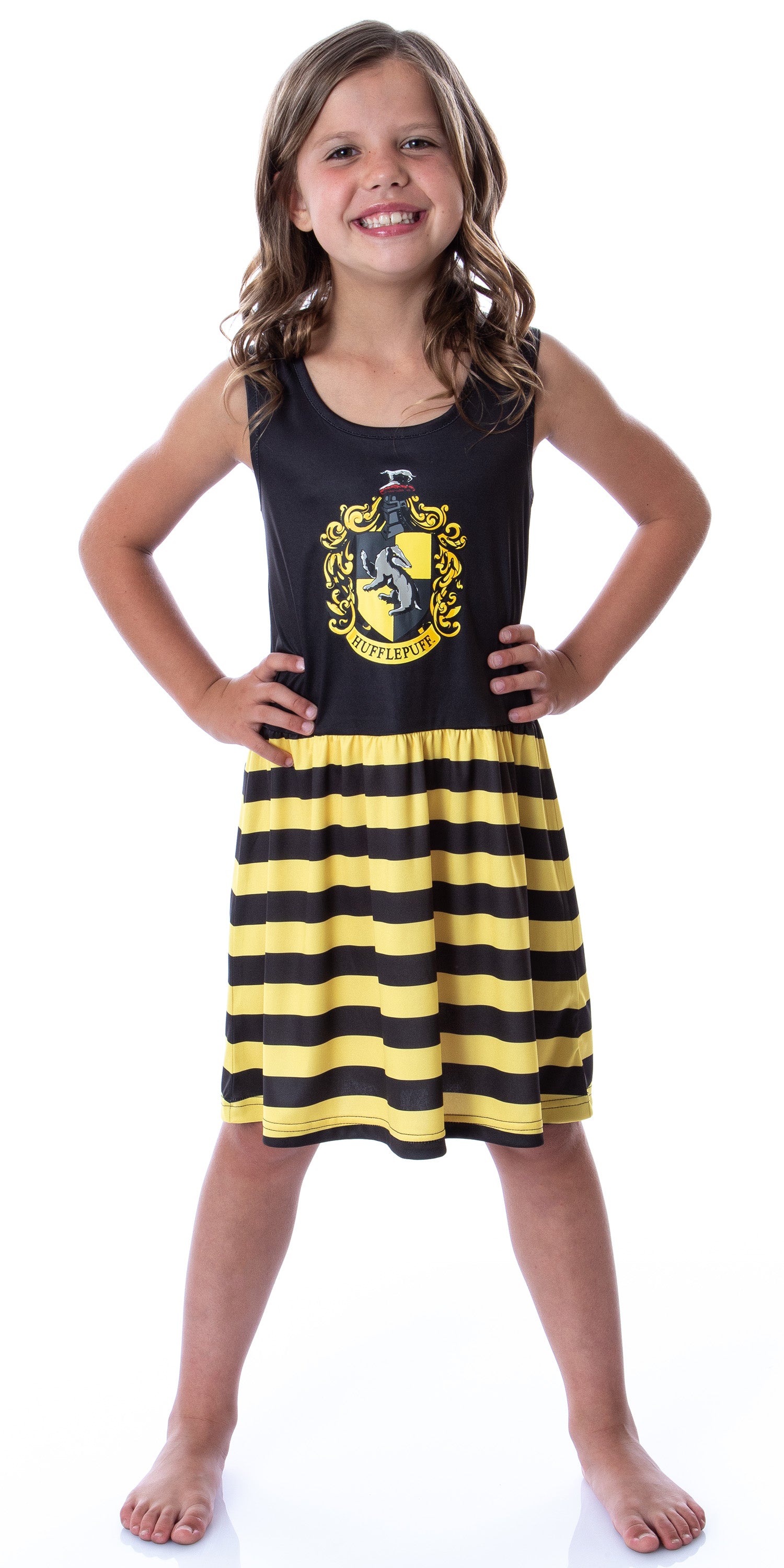 Harry Potter Girls All Houses Crest Logo Tank Stripe Nightgown, 6/6X Hufflepuff