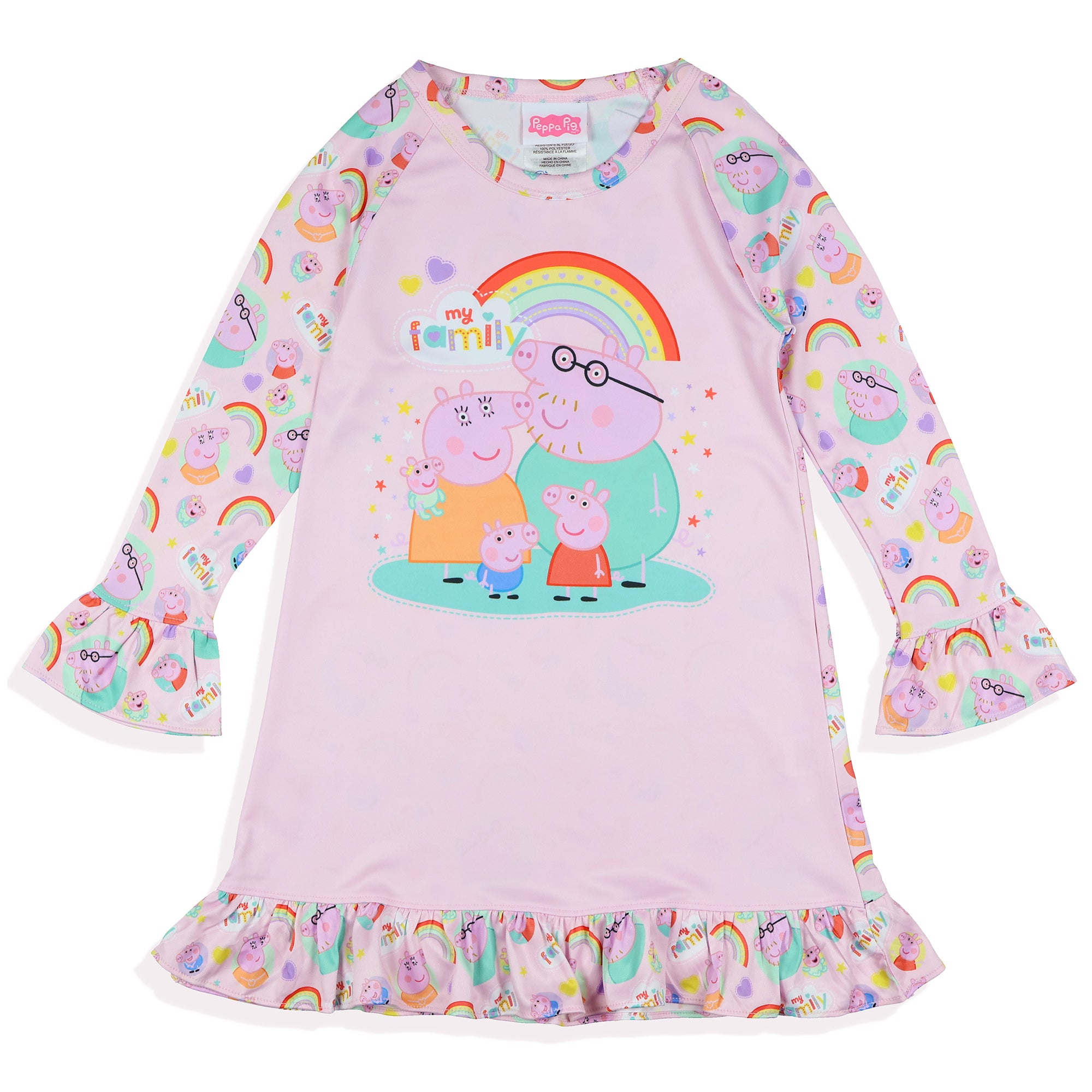 Peppa Pig Pajama My Family Rainbow Long Sleeve Raglan Ruffle Nightgown