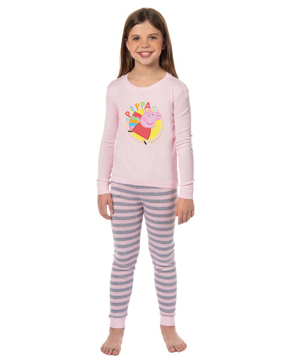 Peppa Pig Girls Pink and Grey Striped Pajamas Shirt and Pant Tight Fit Set
