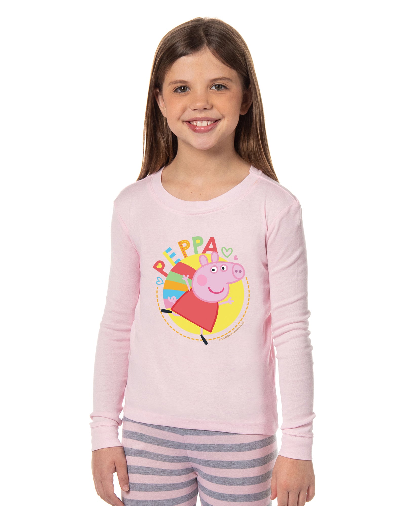 Peppa Pig Girls Pink and Grey Striped Pajamas Shirt and Pant Tight Fit Set