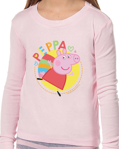 Peppa Pig Girls Pink and Grey Striped Pajamas Shirt and Pant Tight Fit Set