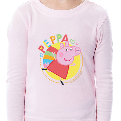 Peppa Pig Girls Pink and Grey Striped Pajamas Shirt and Pant Tight Fit Set