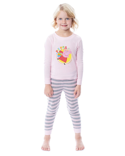 Peppa Pig Girls Pink and Grey Striped Pajamas Shirt and Pant Tight Fit Set