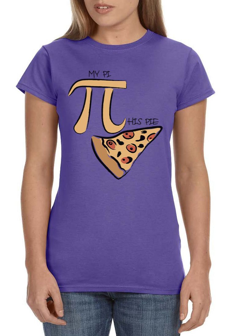My Pi Vs. His Pie Pizza Women's Funny Math Teacher's Shirt Mathematics Pi Day Ring-Spun Fabric T-Shirt Tee