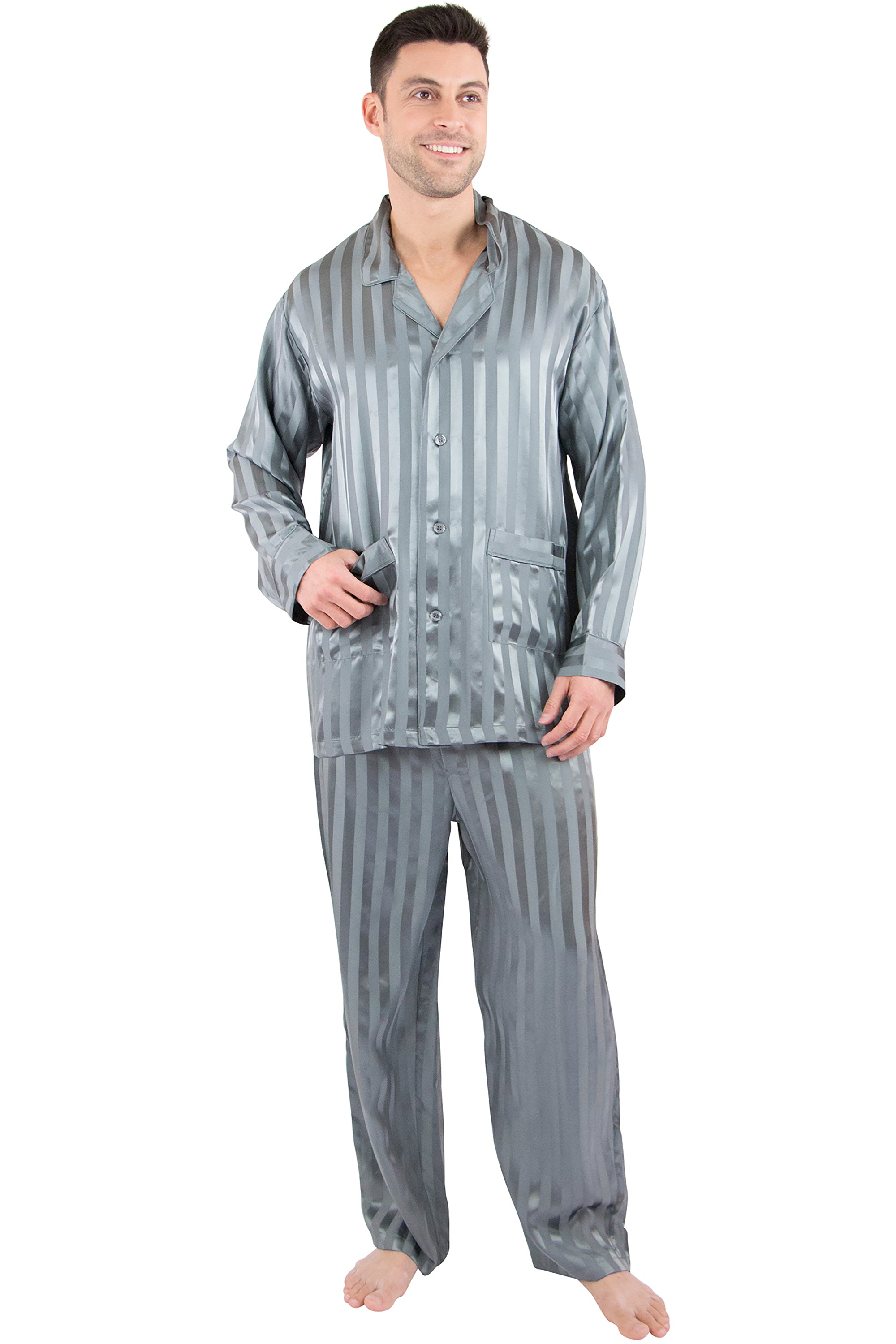 Intimo Mens Solid Jacquard Stripe Silk Pajama