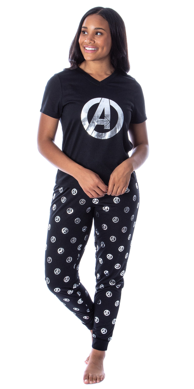 Marvel Women's Avengers Silver Foil Logo 2 Piece Shirt And Pants Jogger Style Sleep Pajama Set