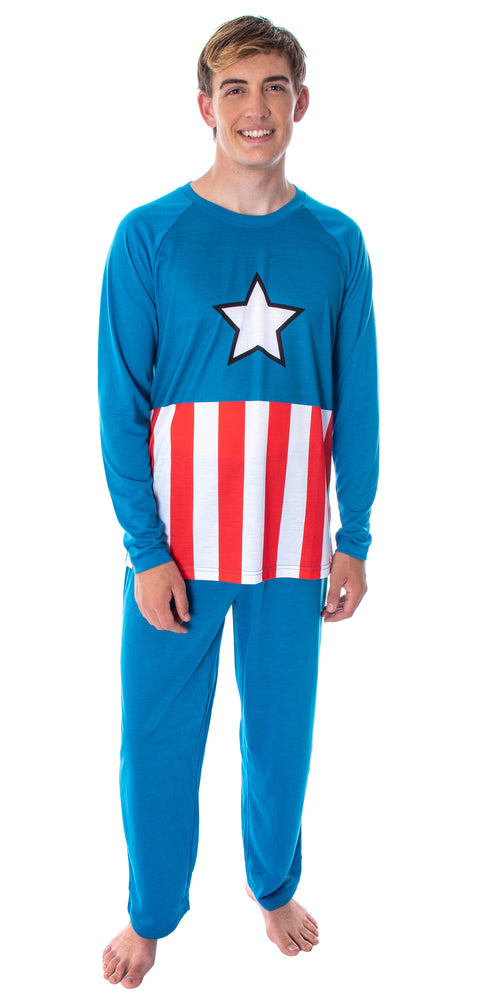 Marvel Men's Captain America Vintage Superhero Costume Raglan Top And Pants 2 Piece Pajama Set