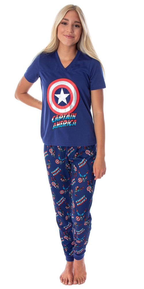 Marvel Comics Women's Captain America Athletic Shirt And Jogger Pants 2 Piece Pajama Set