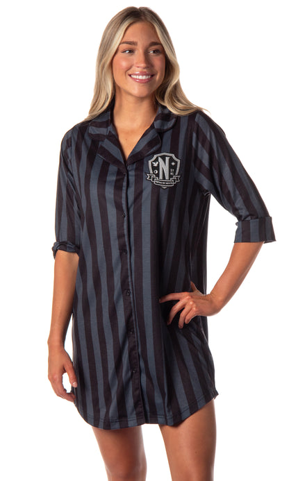 Wednesday Addams Family Women's Collared Pajama Nightgown Sleep Shirt