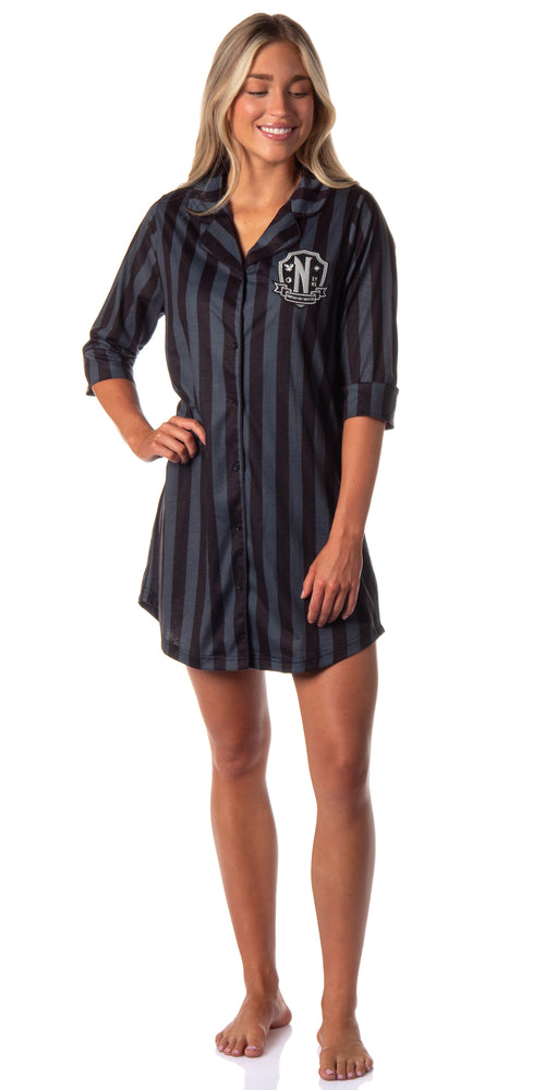 Wednesday Addams Family Women's Nevermore Academy Uniform Costume Collared Pajama Nightgown Sleep Shirt