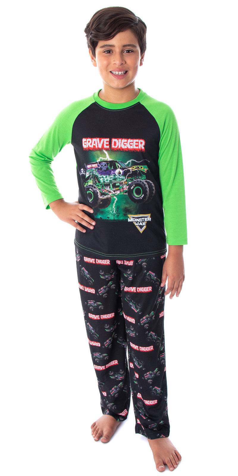 Monster Jam Boys' Grave Digger Monster Truck Raglan Shirt And Pants 2 Piece Pajama Set