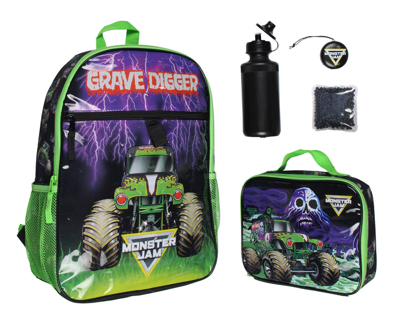 Monster Jam Grave Digger Truck 5 PC Backpack Lunchbox Icepack Water Bottle Keychain