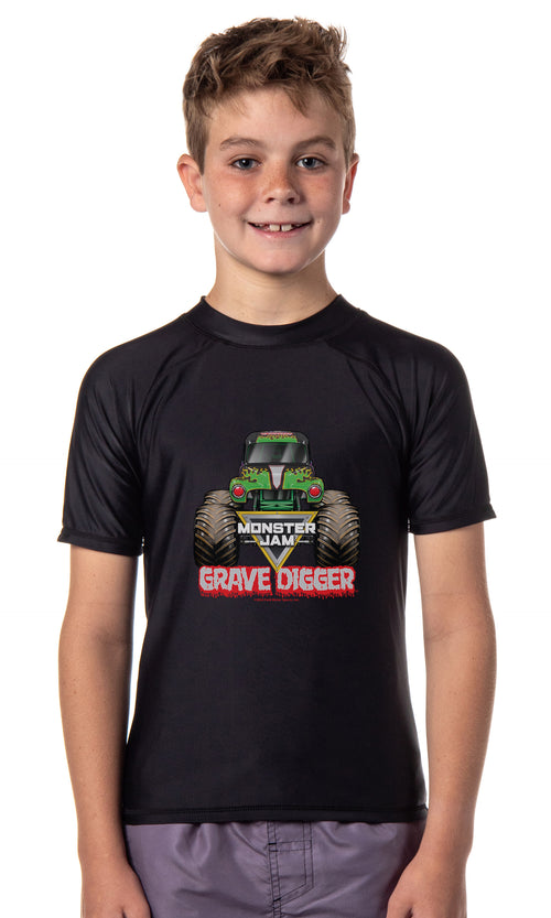 Monster Jam Grave Digger Boys' Short-Sleeve Swimsuit Rashguard Shirt Top Quick Dry