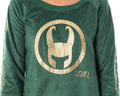 Marvel Comics Women's Loki Helmet Golden Glitter Foil Print Fleece Long Sleeve Pajama Sleep Shirt Top