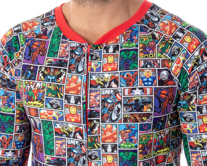 Marvel Unisex Adult Comic Character Grid Print One Piece Pajama Union Suit
