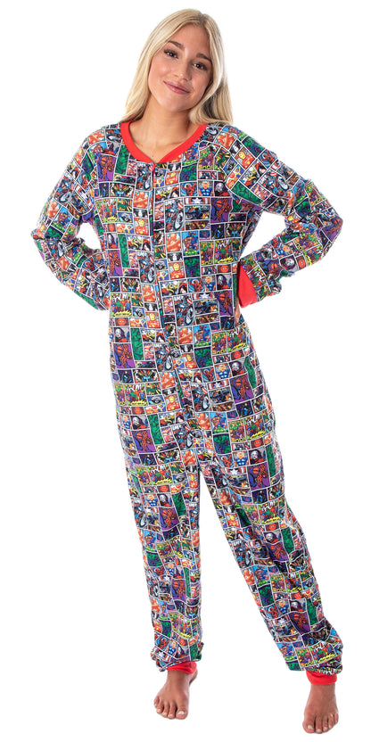 Marvel Unisex Adult Comic Character Grid Print One Piece Pajama Union Suit