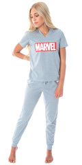 Marvel Comics Women's Brick Logo Athletic V-Neck Shirt And Jogger Pants 2 Piece Pajama Set