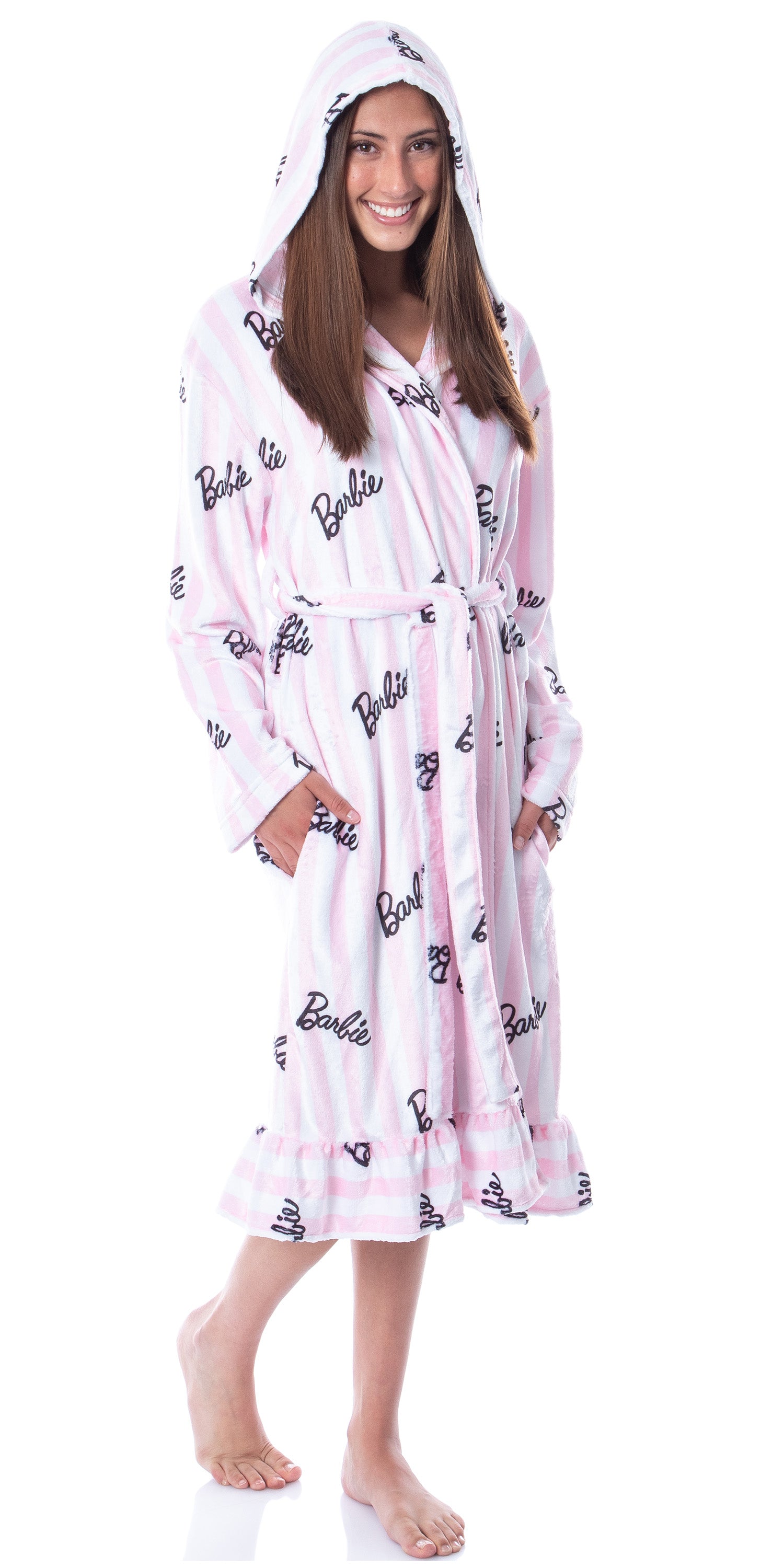 Mattel Barbie Logo Womens' Luxury Fleece Plush Robe Hooded Bathrobe