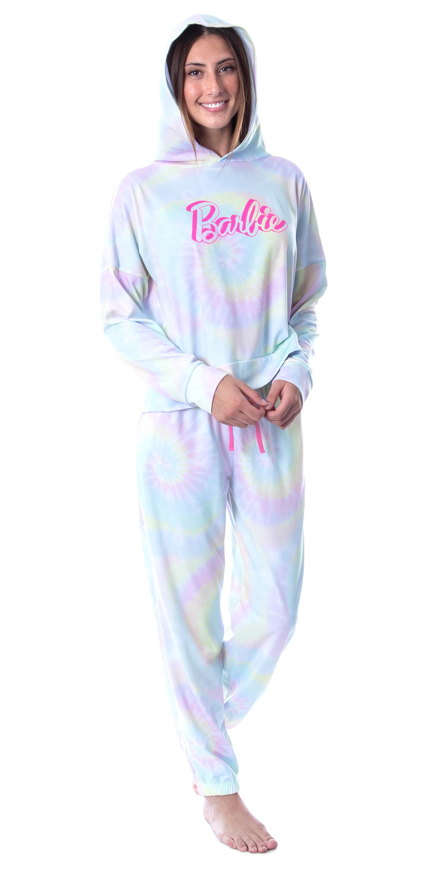 Mattel Barbie Doll Logo Tie Dye Womens' Pajama Cropped Hooded Jogger Set