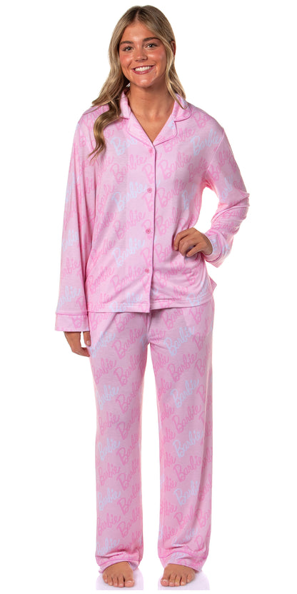 Barbie Women's Doll Logo Tossed Sleep Collared Button Down Long-Sleeve Pajama Set