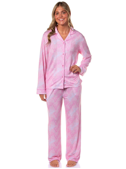 Barbie Women's Doll Logo Tossed Sleep Collared Button Down Long-Sleeve Pajama Set