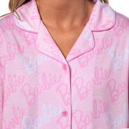 Barbie Women's Doll Logo Tossed Sleep Collared Button Down Long-Sleeve Pajama Set