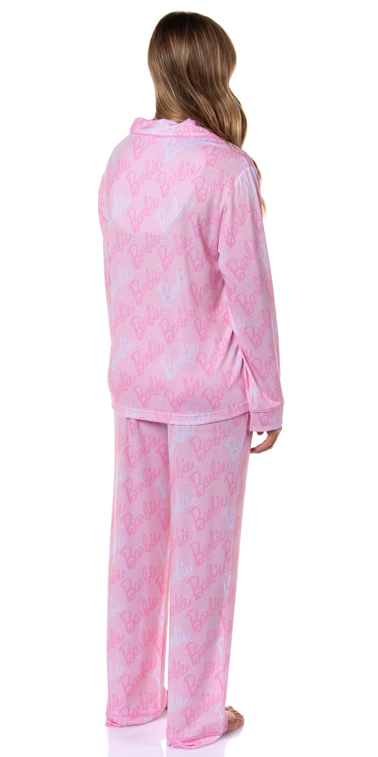 Barbie Women's Doll Logo Tossed Sleep Collared Button Down Long-Sleeve Pajama Set