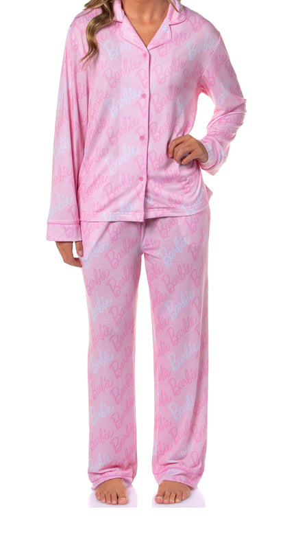 Barbie Women's Doll Logo Tossed Sleep Collared Button Down Long-Sleeve Pajama Set