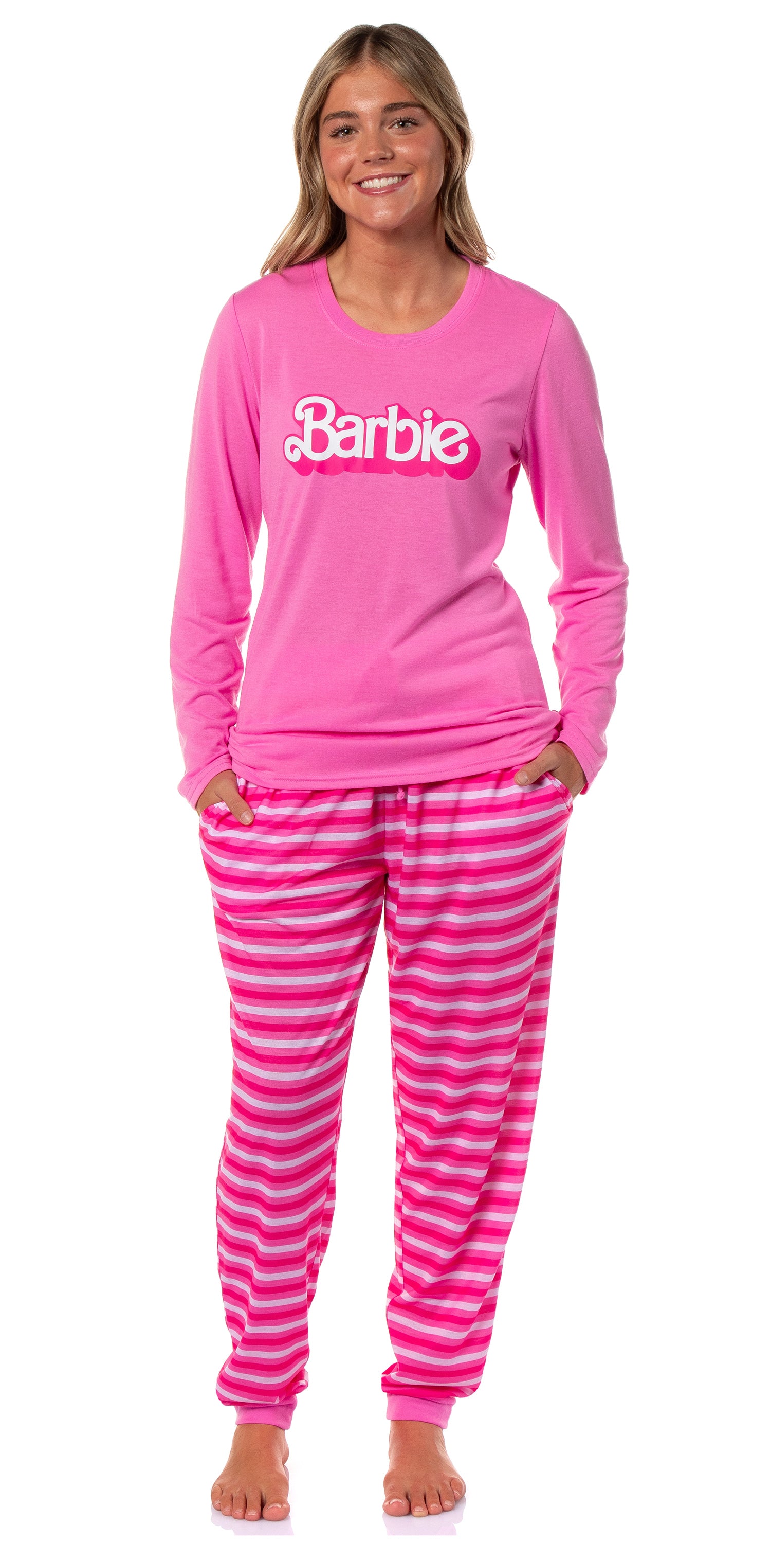 Barbie Women's Classic Retro Logo 2-Piece Long Sleeve Sleepwear Jogger Pajama Set Loungewear