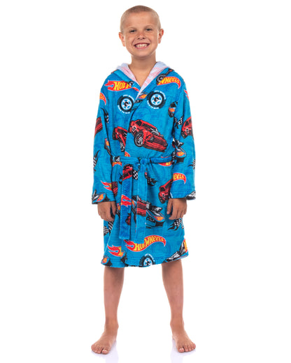 Hot Wheels Robe Boys' Soft Fleece Hooded Bathrobe w/ Tie-Closure For Kids