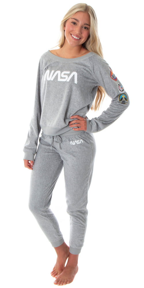 NASA Worm Logo Women's Juniors' Space Shuttle Patches Shirt And Jogger Pants Pajama Set