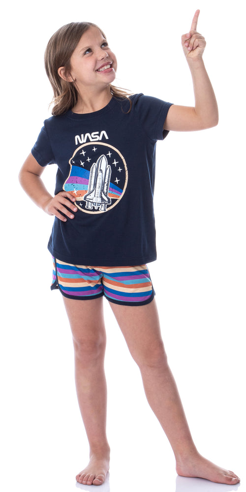 NASA Girls' Retro Stripes Rocket Sleep Pajama Set Shorts Crewneck
