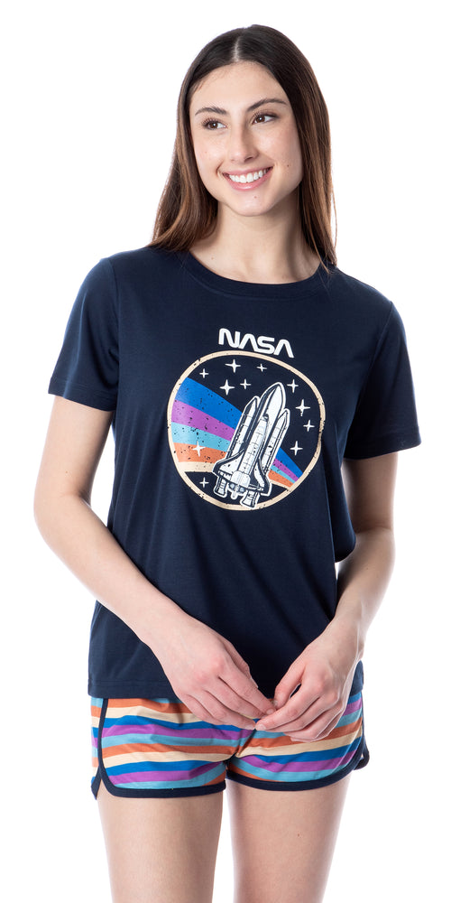 NASA Womens' Retro Stripes Rocket Sleep Pajama Set Shorts Crewneck