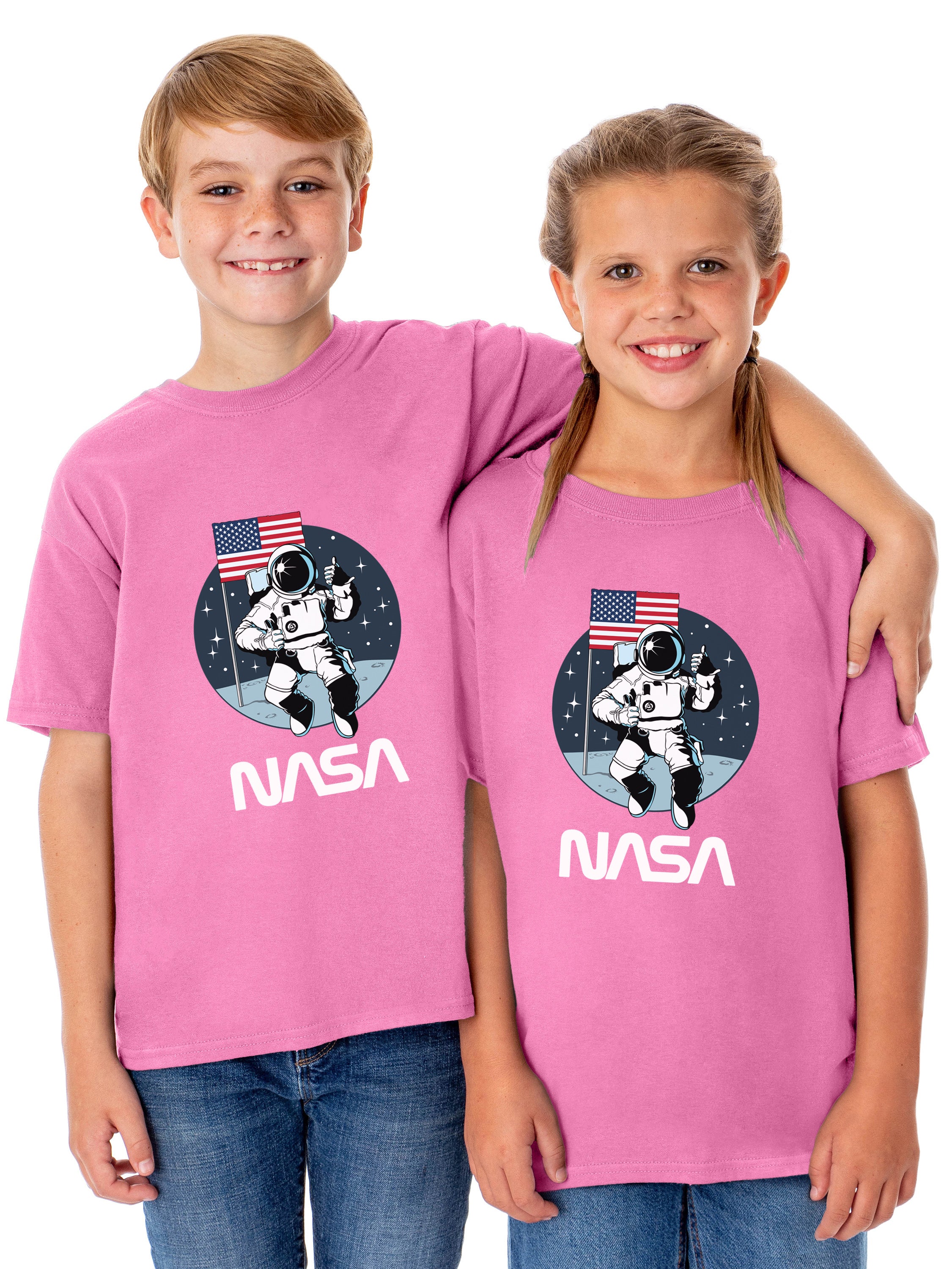 NASA Girls' Retro NASA Letter Logo Thumbs Up Astronaut Crewneck T-Shirt