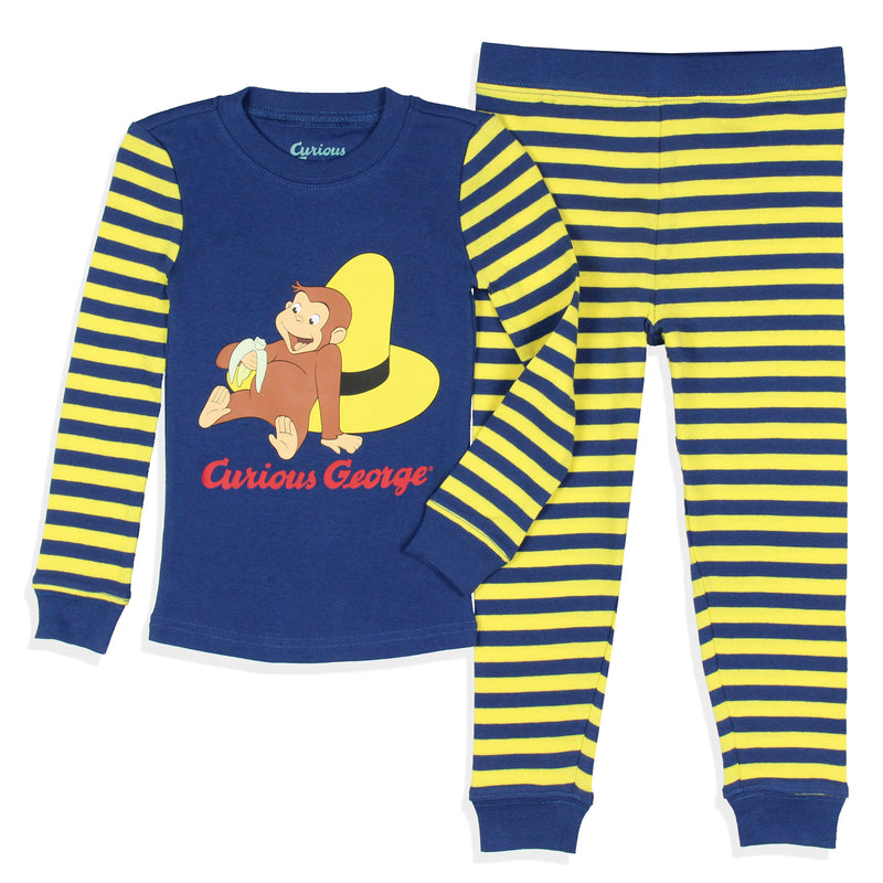 Curious George Toddler Boys' Tight Fit Character Banana Striped Sleep Pajama Set Long Sleeves Pants