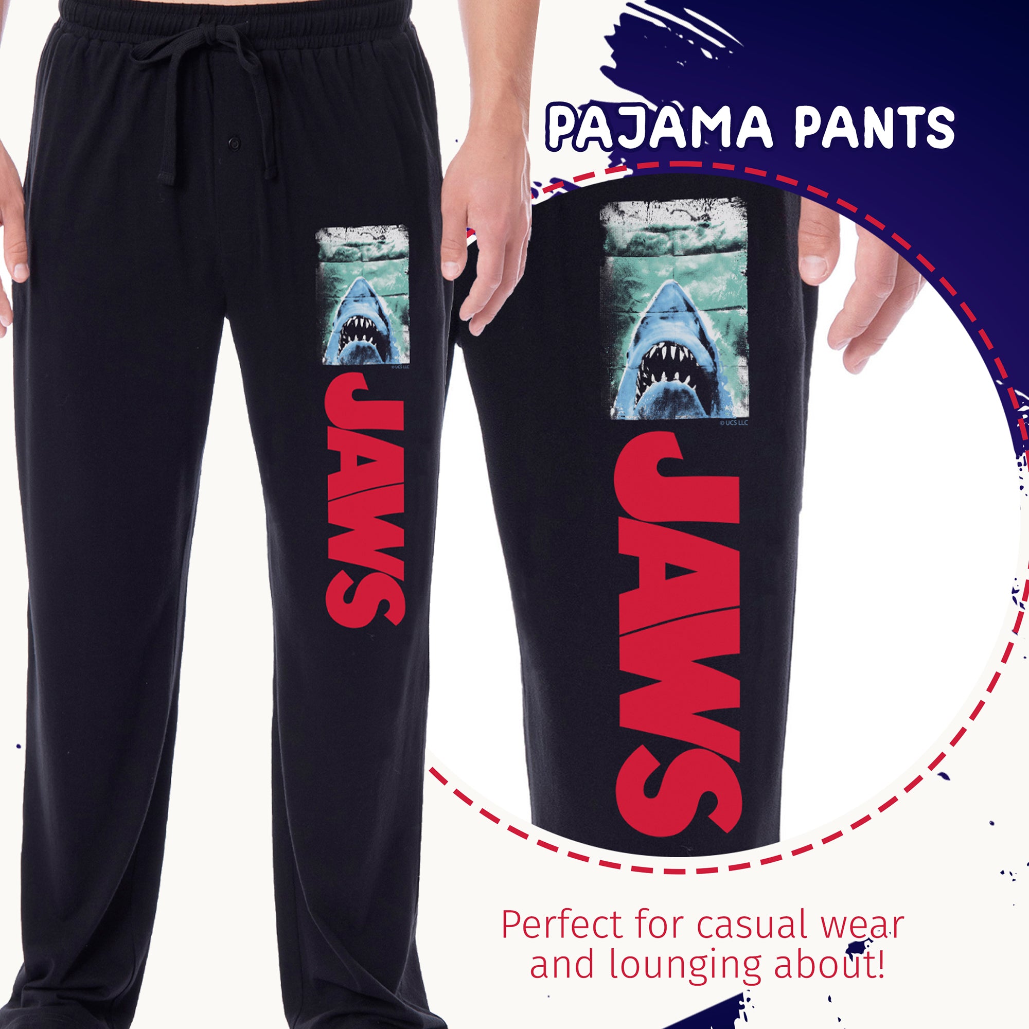 Jaws Mens' Classic Film Movie Title Logo Distressed Sleep Pajama Pants
