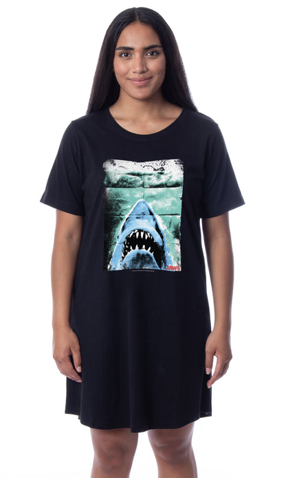 Jaws Womens' Film Movie Title Logo Distressed Nightgown Sleep Pajama Shirt