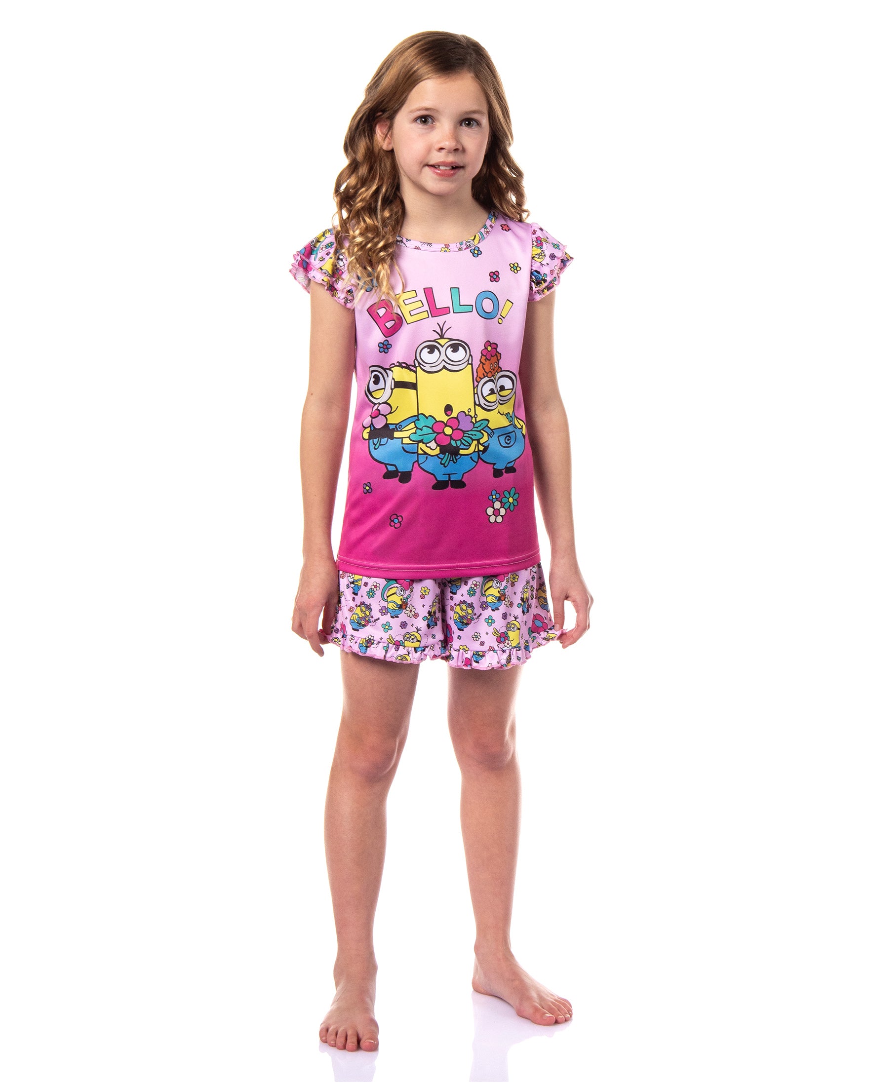 Despicable Me Girls' Flower Bello! Minions Pajama Sleep Set Shorts (7/8)