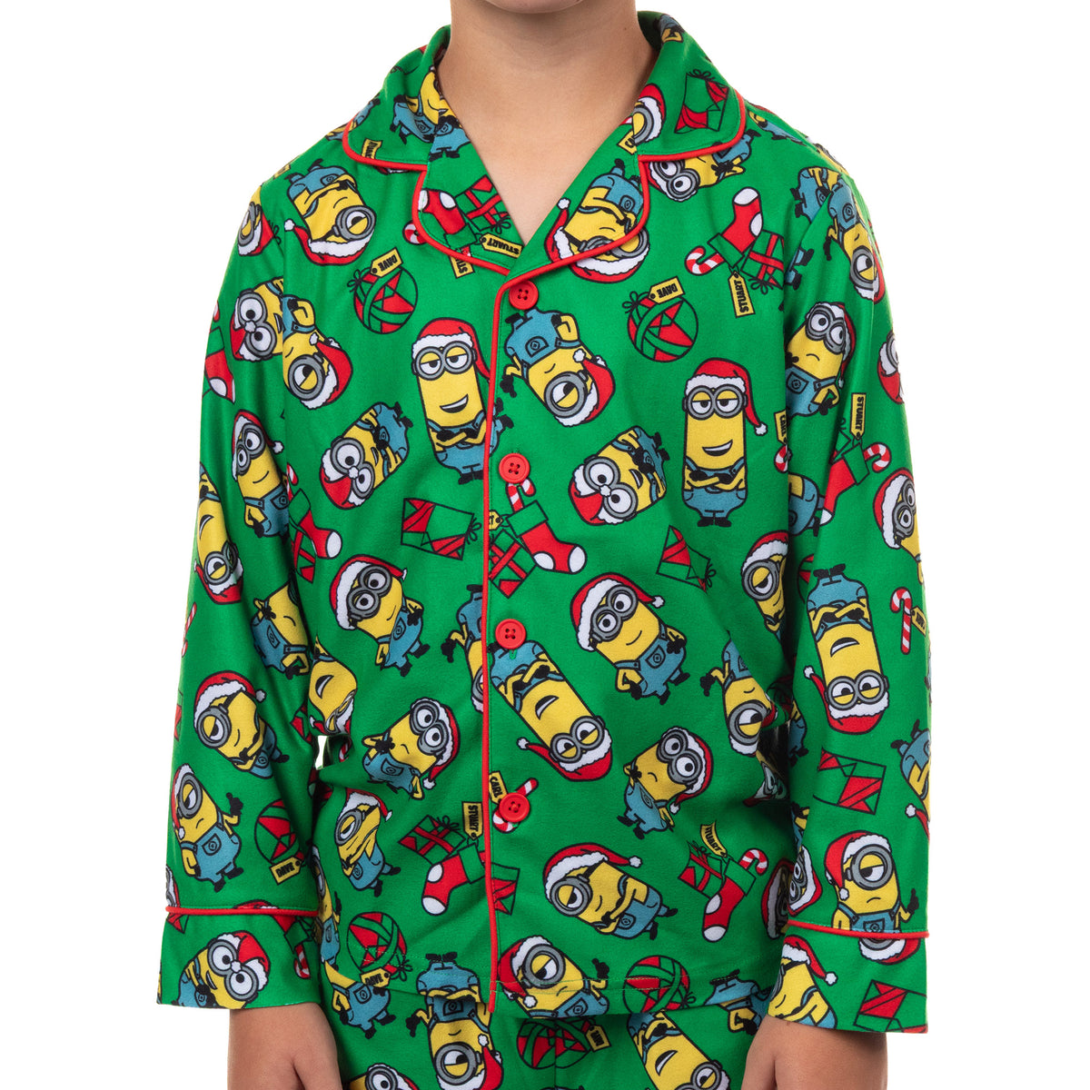 Minions Pajamas Boy's Christmas Button Up Long Sleeve Pant Pajama Set (10/12)
