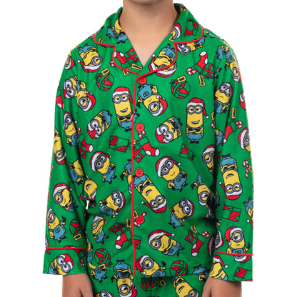 Minions Pajamas Boy's Christmas Button Up Long Sleeve Pant Pajama Set (6/7)